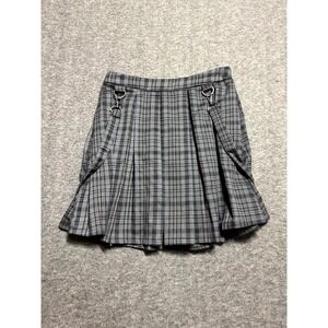 Hot Topic Plaid Suspenders Mini Skirt Womens XS Gray Stretch Pleated Side Zip